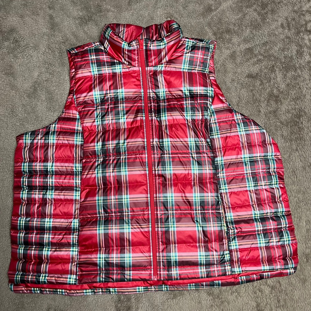 Lands End Womens 3X Red Plaid Down Feather Insulated Vest Full Zip Holiday